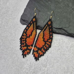 Orange Butterfly Wing Beaded Fringe Earrings, Rust Seed Bead Long Dangle Jewelry