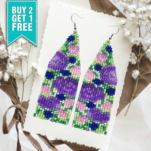 Boho Beaded Fringe Earrings – Green Purple and Pink Floral Ombre Long Dangle, Hippie Bohemian Statement Jewelry