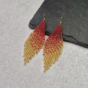 Pendientes con flecos y cuentas ombré de oro rojo, joyas con cuentas colgantes de semillas en dorado carmesí