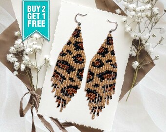 Leopard Beaded Fringe Earrings: Boho Dangle Statement Jewelry