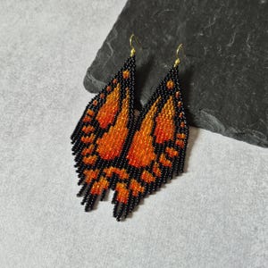 Orange Butterfly Wing Beaded Fringe Earrings, Rust Seed Bead Long Dangle Jewelry