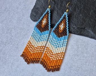 Blue Brown Orange Native Pattern Beaded Earrings, Southwestern Dangle Seed Bead Jewelry