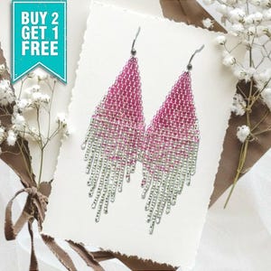 Pink Silver Ombre Beaded Fringe Earrings: Handmade Boho Jewelry