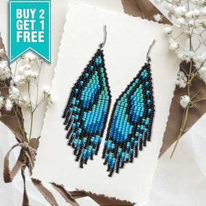 Blue Butterfly Wing Beaded Earrings: Boho Fringe Dangle Earrings