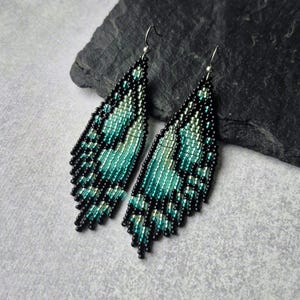 Emerald Green Butterfly Wing Beaded Fringe Earrings, Nature Inspired Seed Bead Long Dangle Jewelry