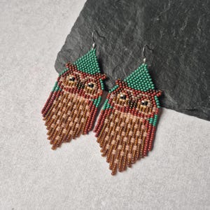 Perlenohrringe mit Eule, Tiersymbol, Wildtiere, Natur, Fransen, Statement-Schmuck im Boho-Stil