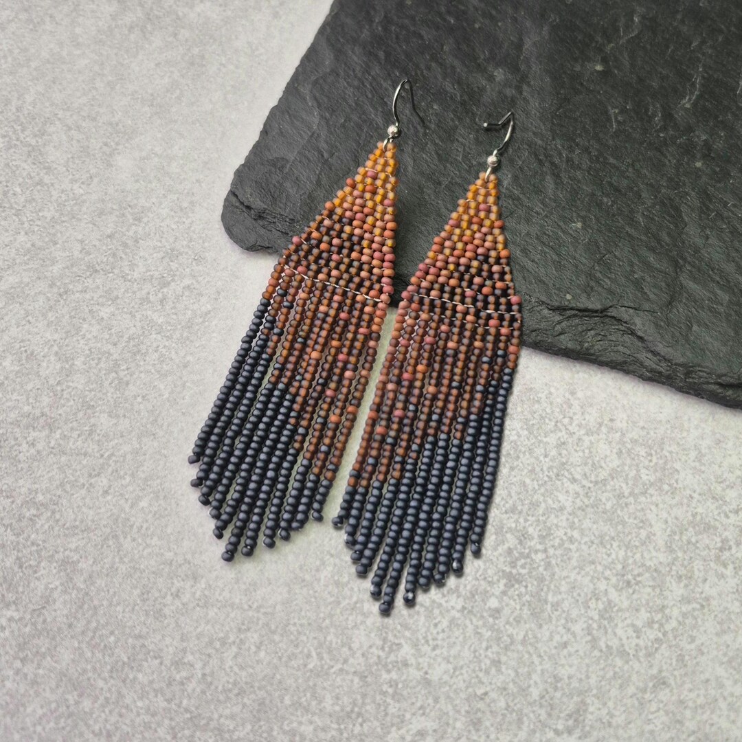 Matte Black Brown Beaded Fringe Earrings, Dark Earthy Dangle Seed Bead ...