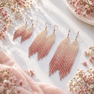 Beige Pink Ombre Beaded Fringe Earrings, White Black Dangle Seed Bead Long Jewelry