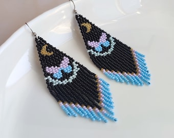 Butterfly Moon Beaded Earrings Celestial Boho Jewelry Nature Lover Gift Ombre Fringe Gradient Handmade
