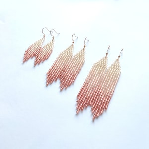 Beige Pink Ombre Beaded Fringe Earrings, White Black Dangle Seed Bead Long Jewelry