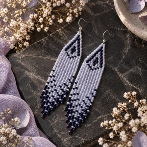 Blue Cobalt Denim Smoky Gray Geometric Pattern Beaded Earrings, Diamond Dangle Seed Bead Jewelry