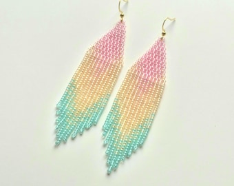Pastel Pink Peach Green Beaded Fringe Earrings, Mint Sorbet Dangle Seed Bead Jewelry