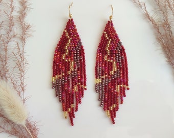 Long beaded earrings red marble