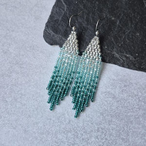 Green Teal Ombre Beaded Fringe Earrings, Emerald Blue Gradient Dangle Seed Bead Jewelry