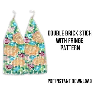 May include: A pair of beaded earrings with a double brick stitch and fringe pattern. The earrings are made with peach, green, blue, and pink beads. The earrings are labeled "DOUBLE BRICK STITCH WITH FRINGE PATTERN" and "PDF INSTANT DOWNLOAD".
