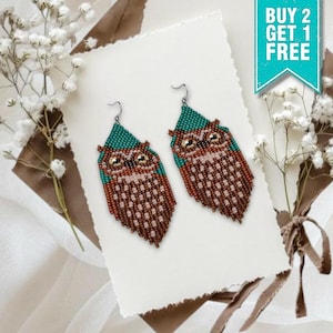 Owl Brown and Green Beaded Earrings – Boho Animal Fringe Dangle Jewelry, Hippie Ethnic Statement Gift for Her