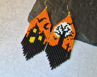 Halloween Geist Haunted Haus Perlen Ohrringe Spooky Herbst Urlaub Fransen Statement Boho Schmuck