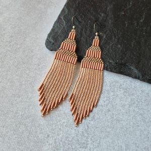 Copper Brown Bugle Beads Geometric Pattern Beaded Earrings, Diamond Dangle Seed Bead Jewelry