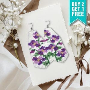 Purple and Pink Orchid Flowers Boho Beaded Earrings – Ombre Long Chandelier Dangle Jewelry, Hippie Ethnic Statement
