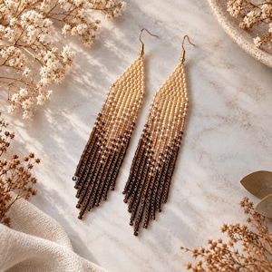 Brown Ombre Beaded Fringe Earrings, Chocolate Coffee Gradient Long Dangle Seed Bead Jewelry