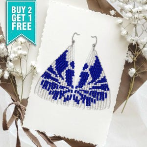 Boho Beaded Fringe Earrings: Blue & White Ombre Chandelier Dangle