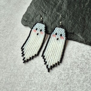 Boucles d'oreilles citrouille fantôme d'Halloween avec perles, style bohème, à franges, faites main.