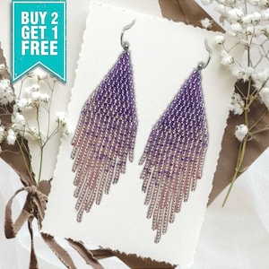 Ombre Beaded Fringe Earrings: Purple to Pink Boho Dangle Jewelry