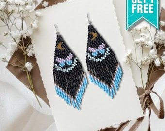 Butterfly Moon Beaded Earrings: Boho Ombre Fringe, Celestial Jewelry