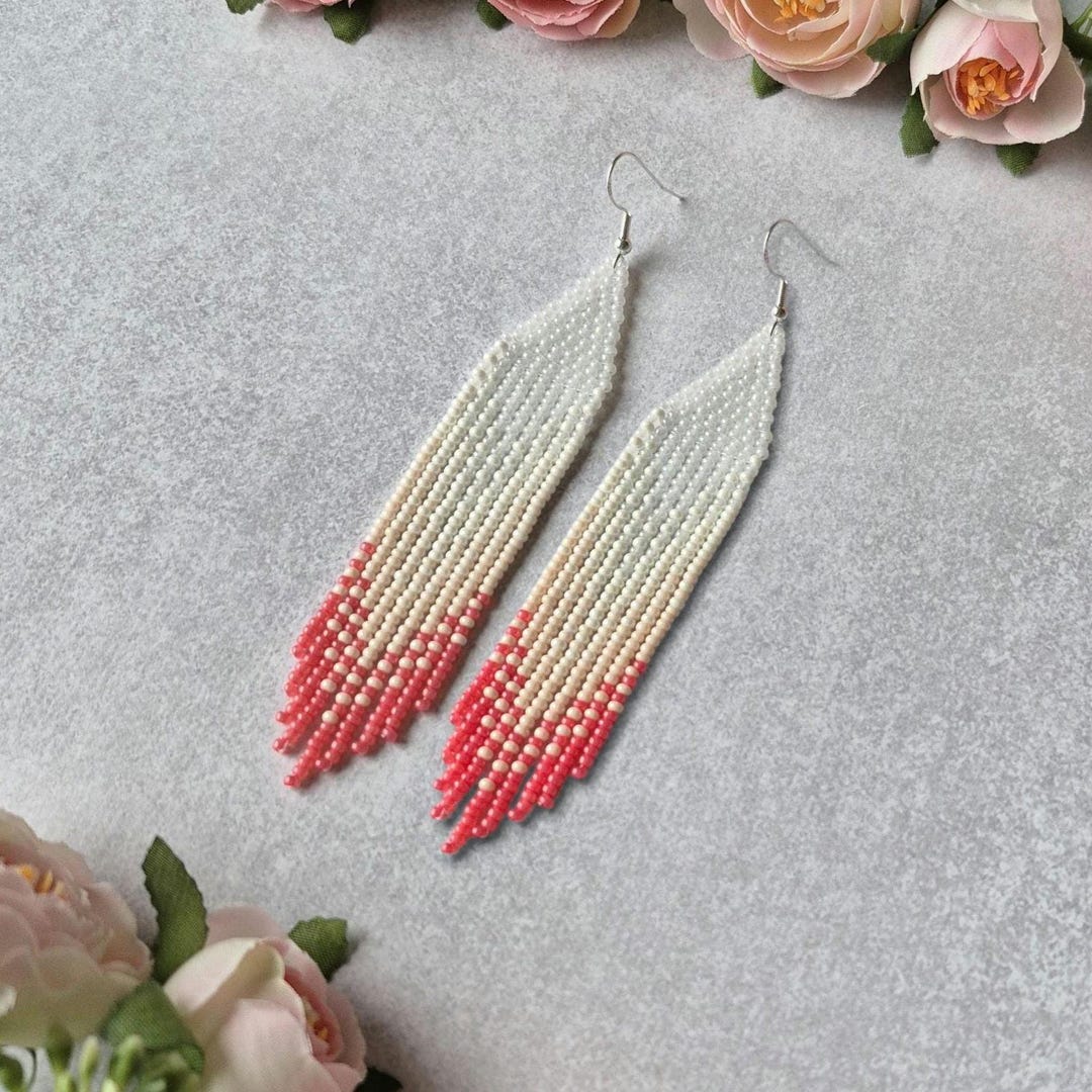 Pink Magenta Ombre Beaded Fringe Earrings, Beige White Dangle Seed Bead ...