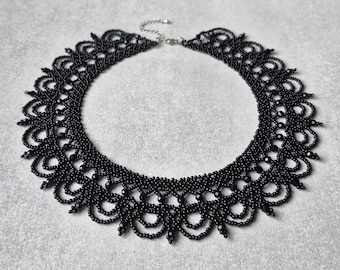 Black Beaded Lace Choker: Handmade Gothic Victorian Collar