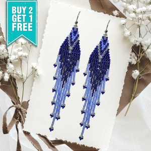 Long Blue and Silver Pattern Boho Beaded Earrings – Chandelier Fringe Dangle, Bohemian Statement Jewelry