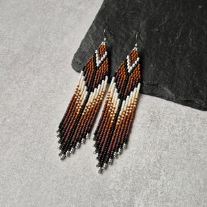 Brown Beige Native Pattern Beaded Fringe Earrings, Southwestern Dangle Seed Bead Jewelry