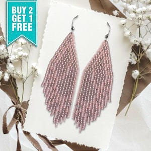 Pink Butterfly Wing Earrings: Beaded Boho Fringe Jewelry