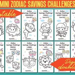 Wyzwania oszczędnościowe Słodkie 12 Kolorów i Oszczędności Zodiaku Wydruki 100D | Dopasowany segregator A6 | Śledzenie kopert | PDF | Cyfrowe | Natychmiastowe pobieranie 045D