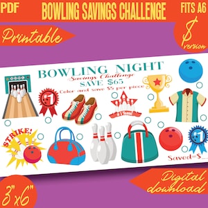 May include: Printable bowling-themed savings challenge game. The game features a bowling alley, bowling pins, bowling balls, bowling shoes, a trophy, a bowling bag, and a bowling shirt. The text on the game says "Bowling Night Savings Challenge, Save $65, Color and save $5 per piece, #1 Team!" and "Saved-$...". The game is 3 inches by 6 inches.