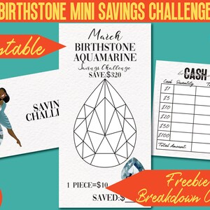 May include: Printable March Aquamarine Birthstone Mini Savings Challenge.  The printable includes a diamond shape with a dollar sign and the text "SAVE: $320".  It also includes a cash breakdown chart with columns for cash amount, quantity, and total.