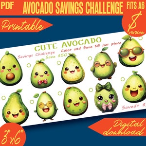 May include: Printable avocado savings challenge with 8 different avocado illustrations. Each avocado has a cute face and is 3 inches by 6 inches. The text on the image says "Cute Avocado Savings Challenge, Colour and Save £5 per piece, Save £50, 3"x6", and "Digital Download".