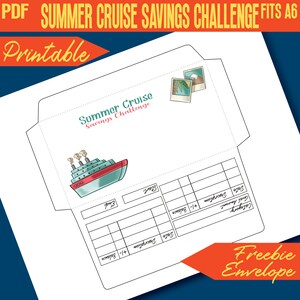 May include: A printable summer cruise savings challenge envelope with a cartoon cruise ship and a table to track savings goals. The envelope is white with black lines and the text "Summer Cruise Savings Challenge" at the top.