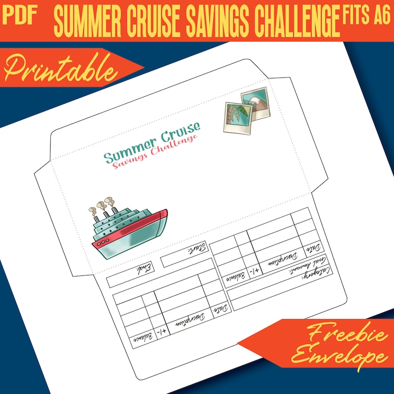 May include: A printable summer cruise savings challenge envelope with a cartoon cruise ship and a table to track savings goals. The envelope is white with black lines and the text "Summer Cruise Savings Challenge" at the top.