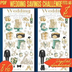 May include: A printable wedding savings challenge with a white background and gold and teal accents. The challenge includes 36 different images related to weddings, such as rings, cake, doves, and a bride and groom. The text "Wedding Savings Challenge" is at the top of the page. The text "Color & Save $10 per piece" is below the title. The text "Save $210" is below that. The text "3" x "6" is in the bottom left corner. The text "Saved: $ _____" is in the bottom right corner. The text "Digital download" is in the bottom right corner.