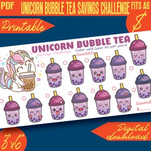 Puede incluir: Gráfico de desafío de ahorro de té de burbujas de unicornio imprimible. El gráfico presenta 12 tazas de té de burbujas con caras lindas. El gráfico mide 3 pulgadas por 6 pulgadas e incluye el texto "Ahorra $ 60".