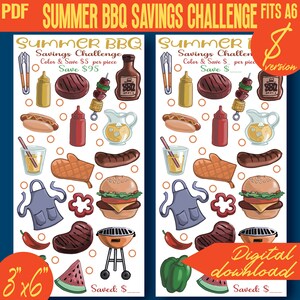 Może przedstawiać: Cyfrowe pobranie zatytułowane "Summer BBQ Savings Challenge" z ilustracjami przedmiotów do grillowania. Tekst wskazuje cel oszczędności w wysokości 95 $. Obraz ma wymiary 7,6 cm x 15,2 cm.