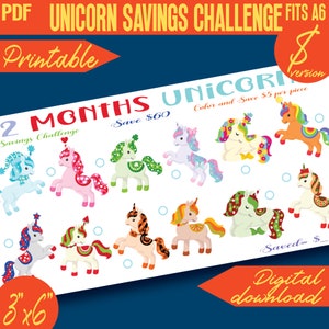 12 Months Unicorn Savings Challenge Mini Color and Save Printable 100D IV | A6 binder size | Envelope Tracker | PDF | INSTANT Download 456D