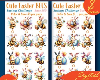 May include: Printable Easter bee savings challenge with 18 bee illustrations.  Color and save $5 per bee to reach a total of $60.  The printable is 3 inches by 6 inches.  The text on the printable says "Cute Easter Bees Savings Challenge" and "Save $60".