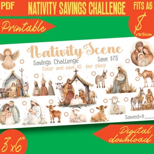 Puede incluir: Un desafío de ahorro de escena de la Natividad imprimible. Colorea y ahorra 5 € por pieza para ahorrar 75 € en total. La imagen muestra una ilustración de acuarela de la escena de la Natividad con personajes como María, José, el bebé Jesús, ángeles, pastores, animales y una estrella.