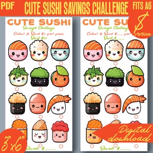 May include: A printable A6 size savings challenge featuring cute sushi illustrations. The challenge encourages users to colour the sushi and track their savings. The text on the page reads "Cute Sushi Savings Challenge" and "Colour & Save £5 per piece, Save £60".