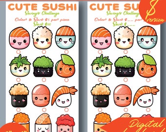 Cute Sushi Savings Challenge Mini Color and Save Printable 100D II | A6 size | Envelope Tracker | PDF | INSTANT Download 299D