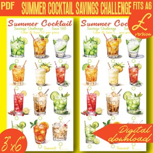 May include: A printable summer cocktail savings challenge with 12 different cocktail illustrations. The challenge is to color and save £5 per piece, with a total savings of £60. The printable is 3 inches by 6 inches.