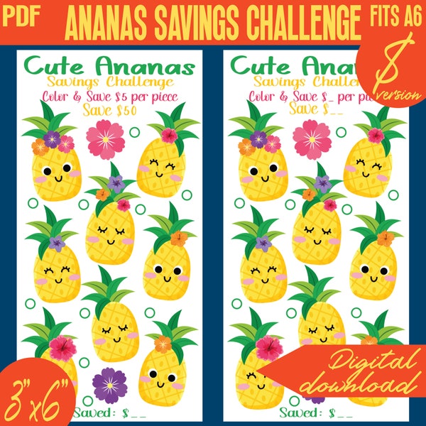 Cute Ananas Savings Challenge Mini Color and Save Printable 100D IV | A6 binder size | Envelope Tracker | PDF | INSTANT Download 457D