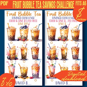 May include: A printable Fruit Bubble Tea Savings Challenge printable in a watercolor style. The printable features 12 different bubble tea drinks with a space to color in the drink and a space to write the amount saved. The printable is 3 inches by 6 inches and is a digital download.